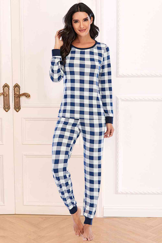 Plaid Round Neck Top and Pants Set - The Red Leopard Boutique 