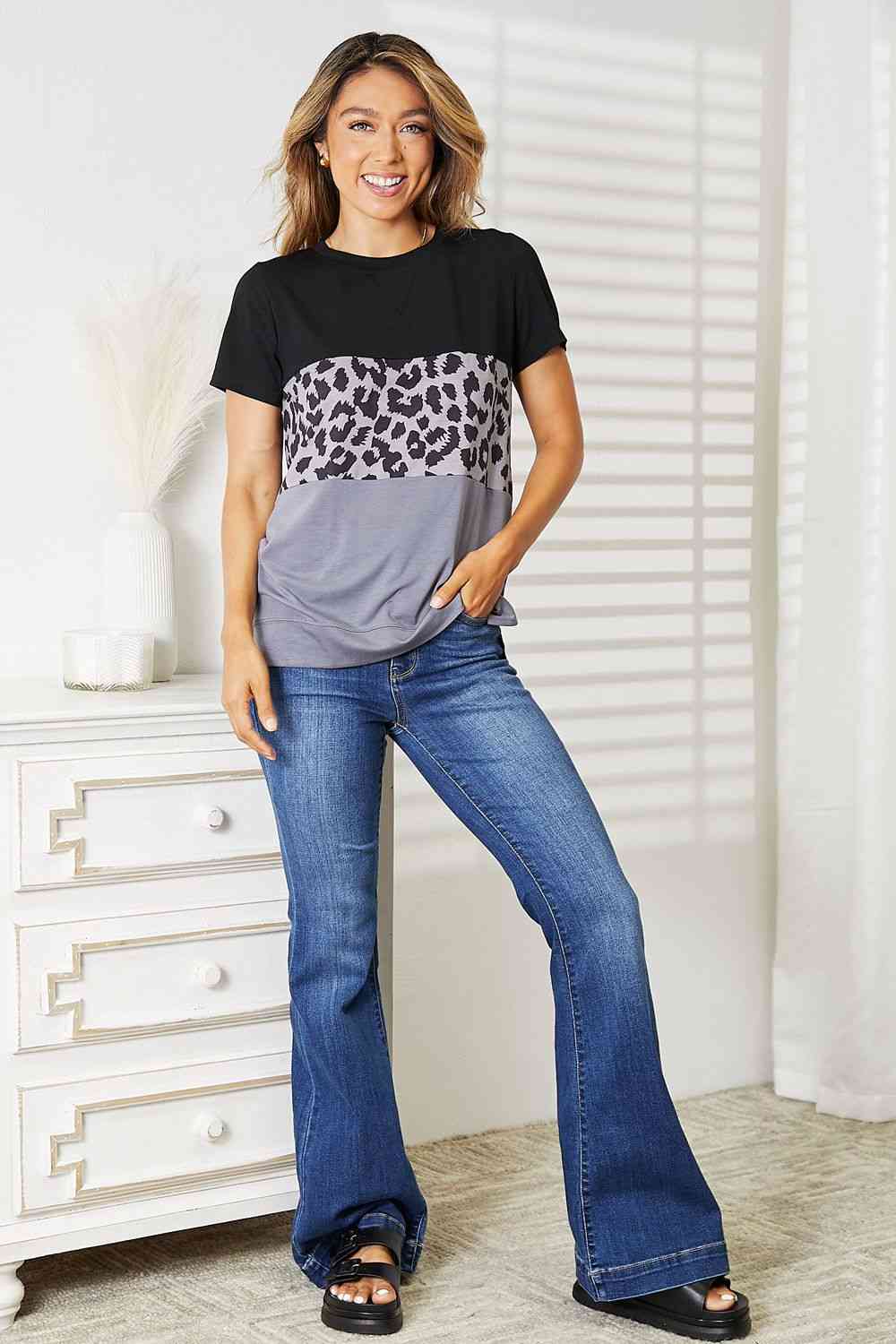 Double Take Leopard Print Color Block Short Sleeve T-Shirt - The Red Leopard Boutique 