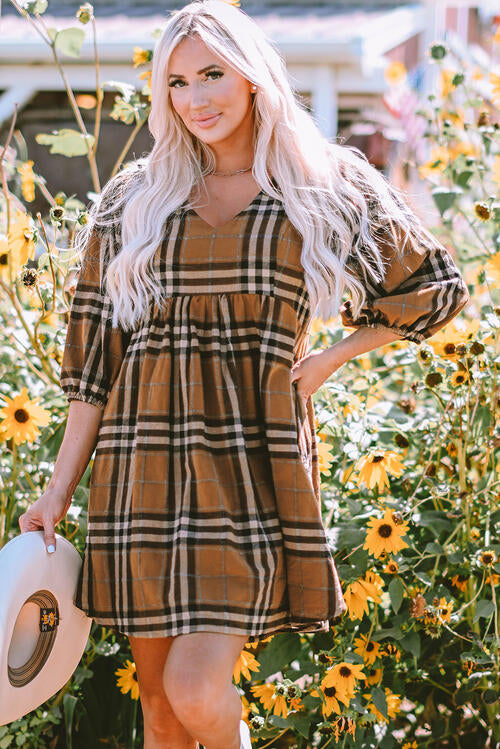 Plaid V-Neck Balloon Sleeve Dress - The Red Leopard Boutique 