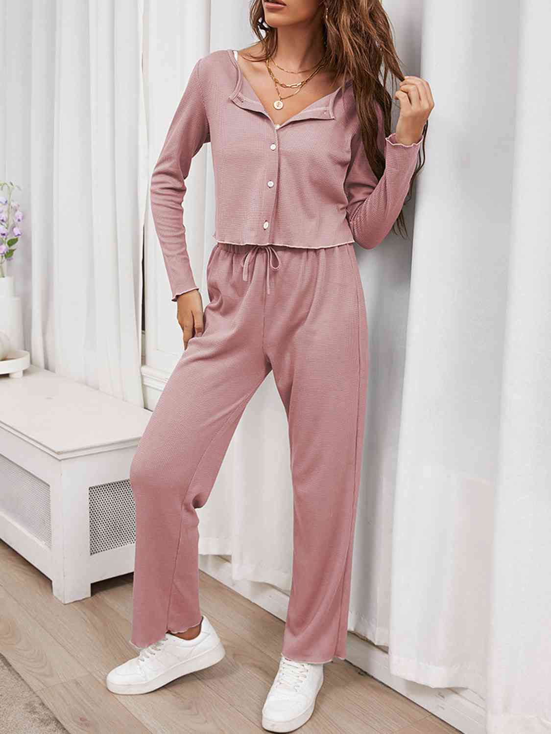 Button Front Long Sleeve Top and Pants Lounge Set - The Red Leopard Boutique 