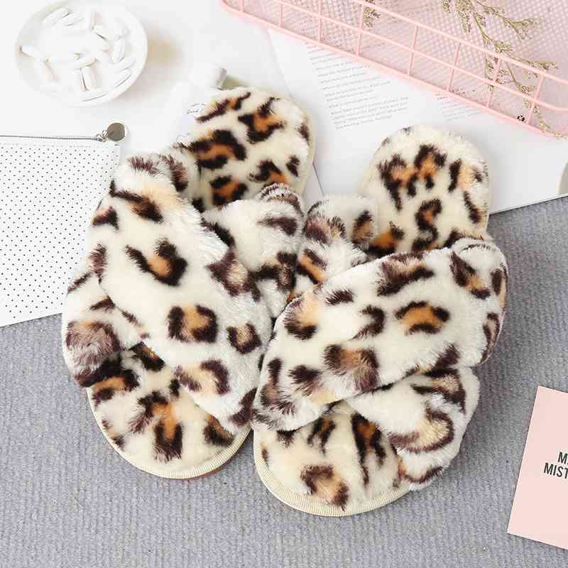 Faux Fur Crisscross Strap Slippers - The Red Leopard Boutique 