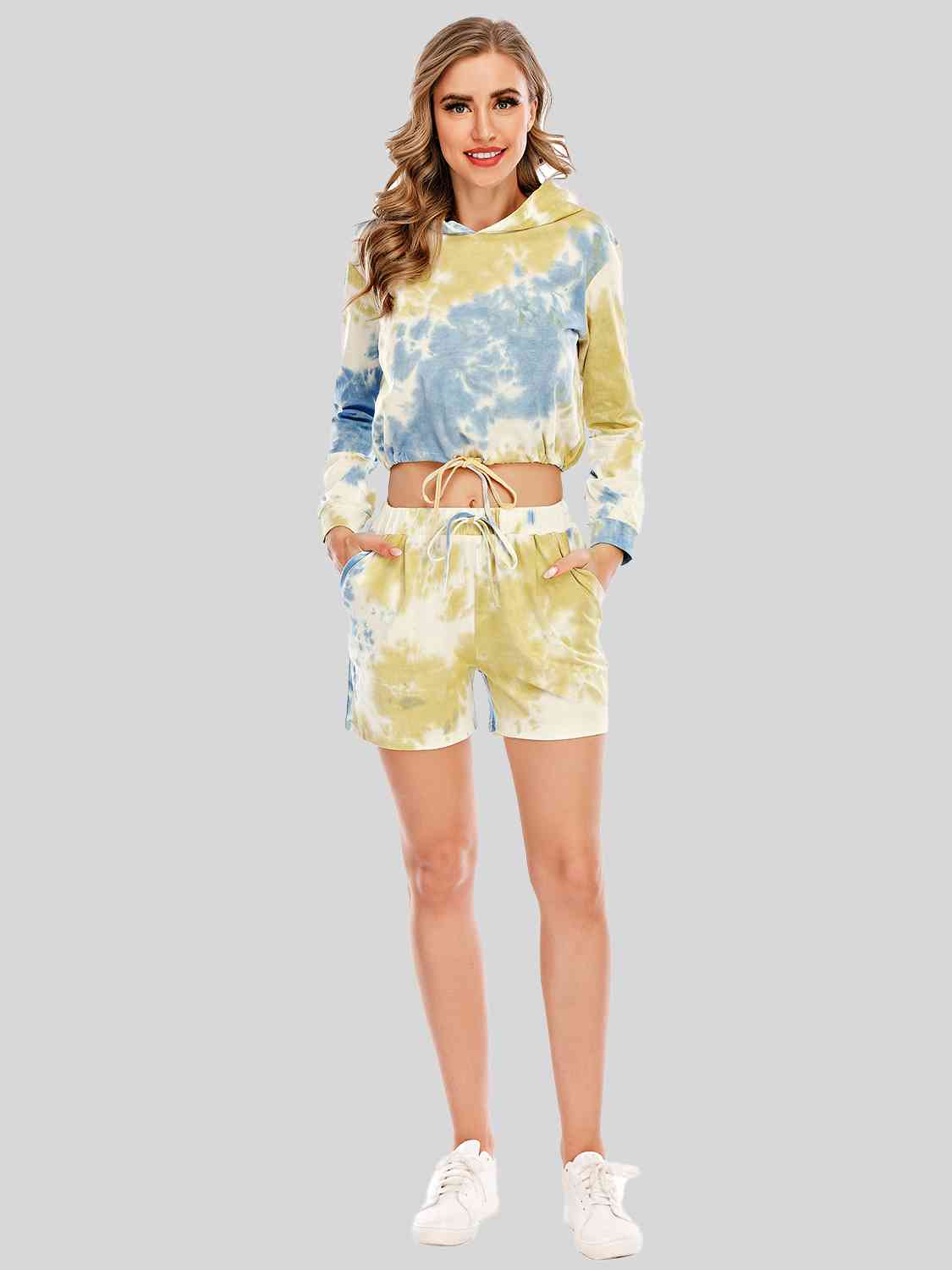 Tie-Dye Drawstring Hooded Top and Shorts Set - The Red Leopard Boutique 