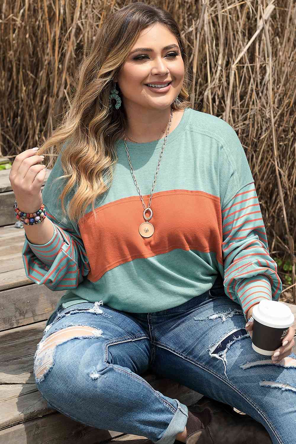 Plus Size Color Block Dropped Shoulder T-Shirt - The Red Leopard Boutique 