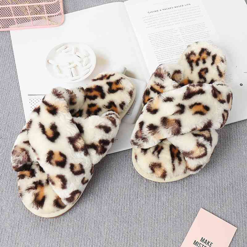 Faux Fur Crisscross Strap Slippers - The Red Leopard Boutique 