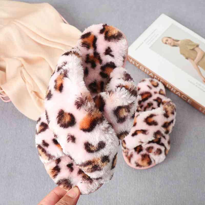 Faux Fur Crisscross Strap Slippers - The Red Leopard Boutique 