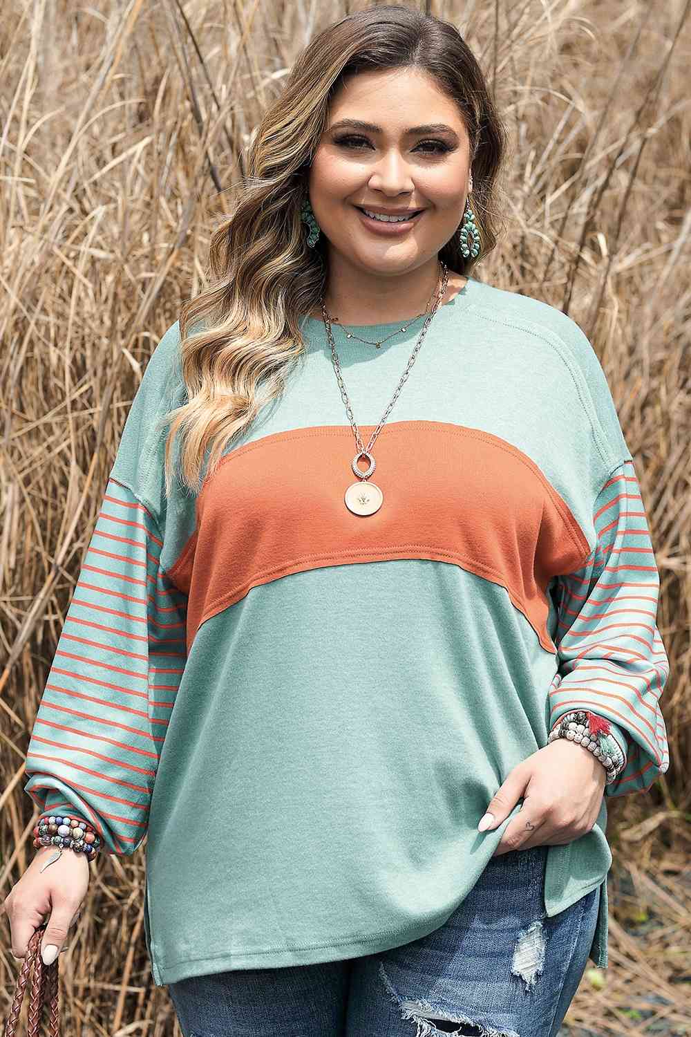 Plus Size Color Block Dropped Shoulder T-Shirt - The Red Leopard Boutique 