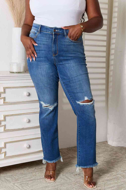 Judy Blue Full Size Distressed Raw Hem Jeans - The Red Leopard Boutique 