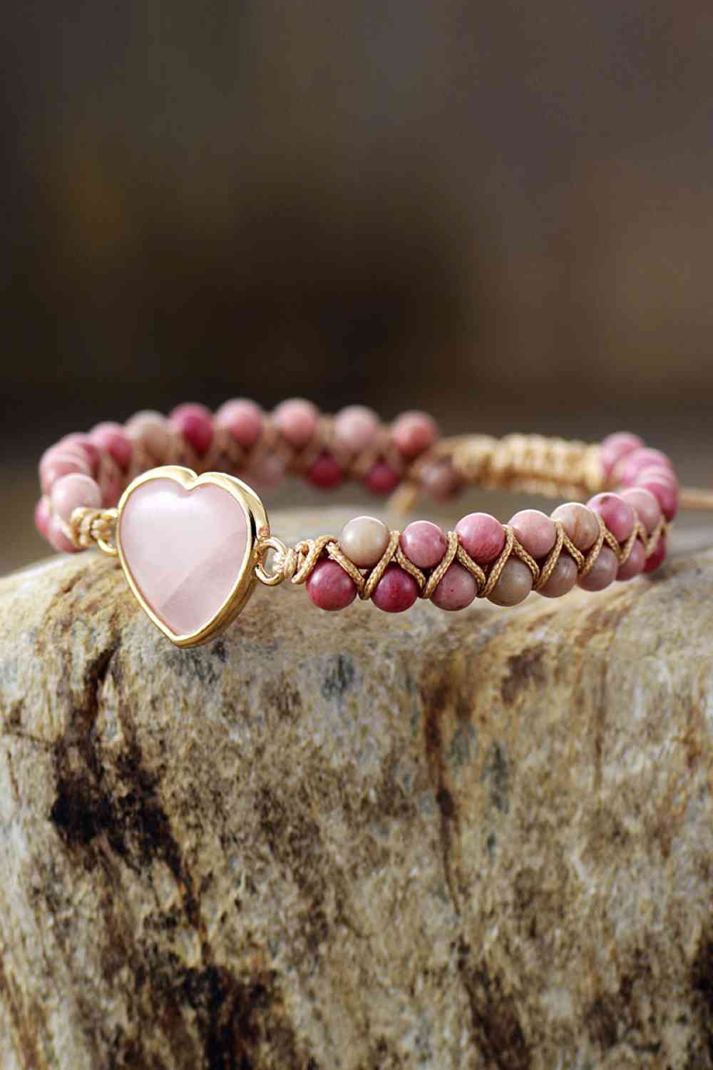 Rose Quartz Heart Beaded Bracelet - The Red Leopard Boutique 